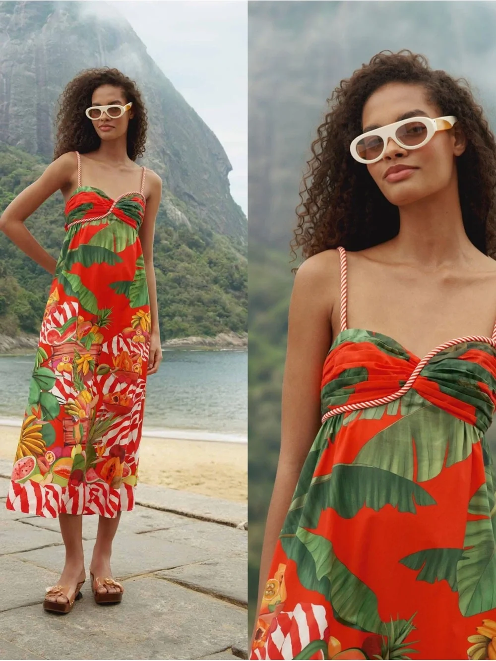 FARM Rio Red and Green Tropical Print Fruit Trolley with Rope Tie Maxi Dress - Picture 1 of 12